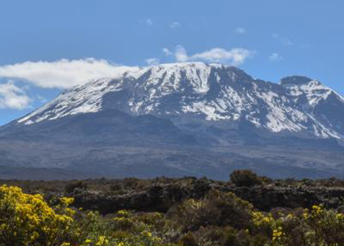 A mountain with a blue sky with a few white clouds, on the foot of the mountain there are trees.