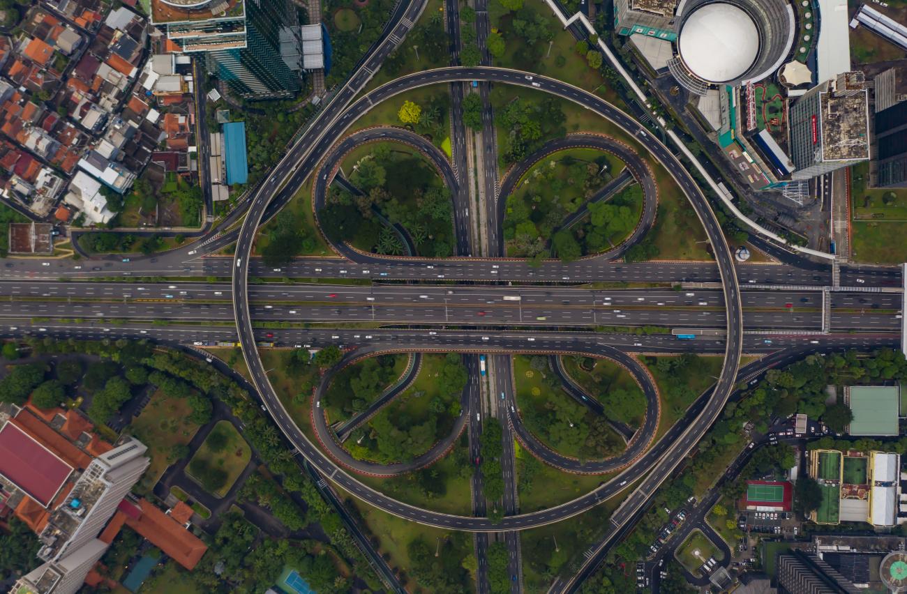 An aerial view of infrastructure and flyovers in Jakarta, Indonesia
