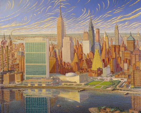 A graphic painting of the skyline, waterfront and the United Nations building in New York