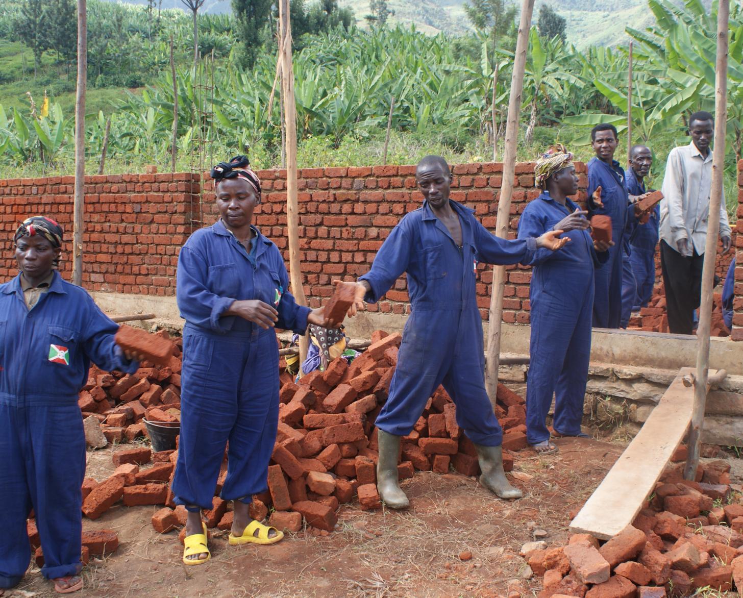 Shows an assembly line of people passing along bricks as they take part in a construction.