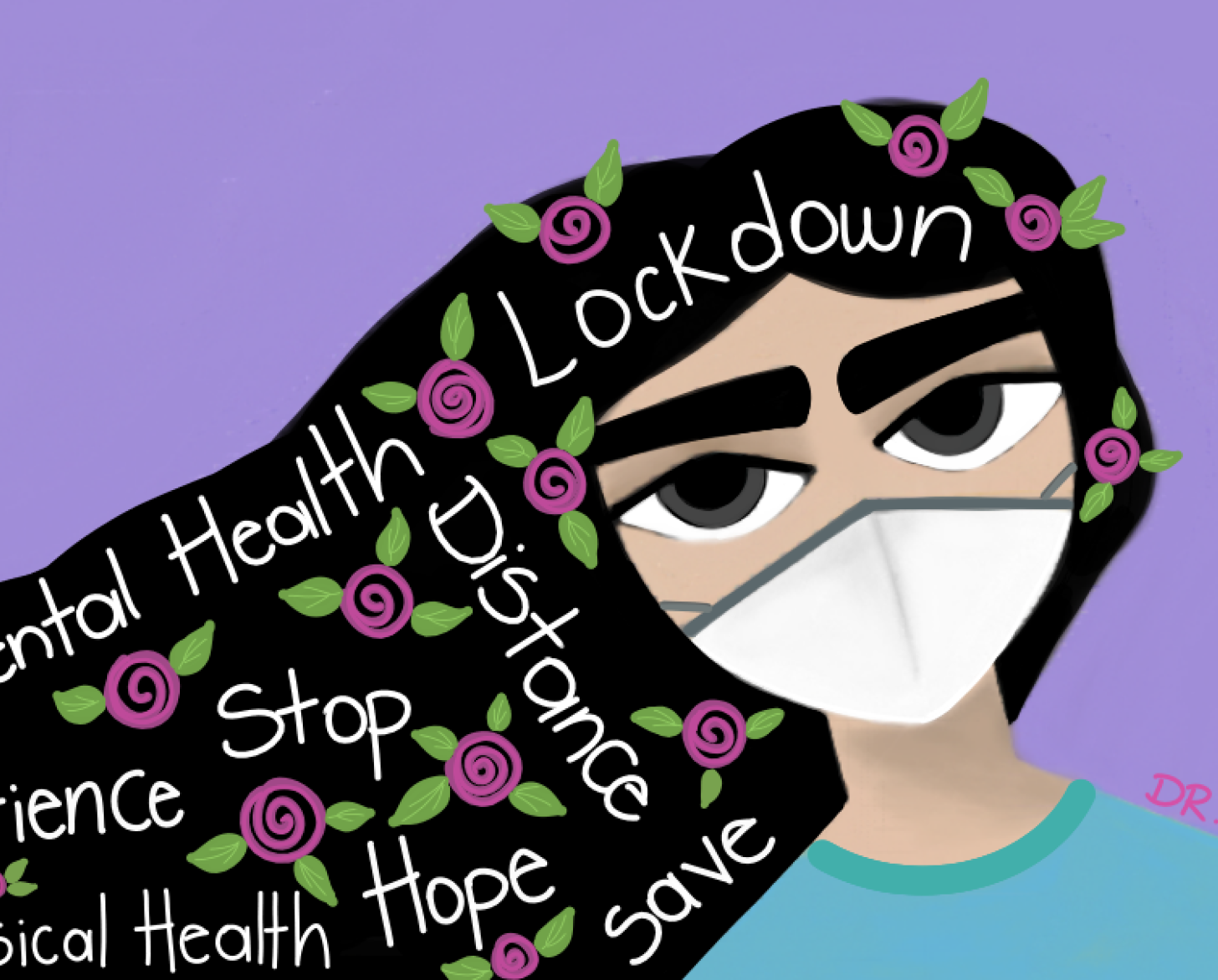 يُظهر الرسم فتاة ترتدي قناع وجه مع مصطلحات متعلقة بالصحة العقلية مكتوبة على شعرها.