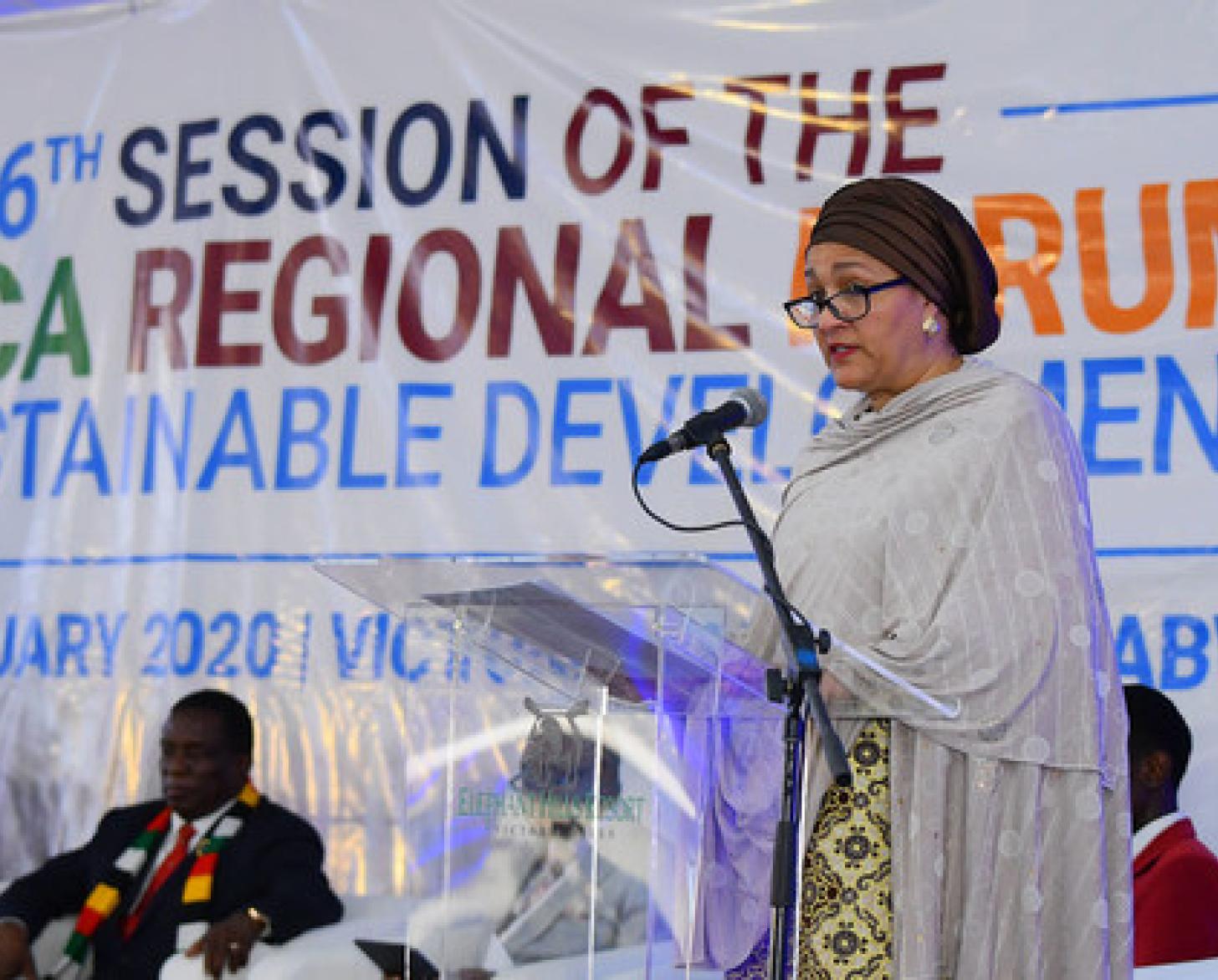 Deputy Secretary-General Amina Mohammed delivers the keynote address at the opening of the 6th African Regional Forum on Sustainable Development in Zimbabwe.