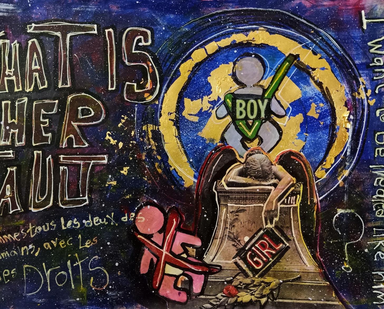 Las obras de arte muestran el daño asociado con la selección del sexo sesgada por el género, mediante el uso de imágenes de niños con un cheque y niñas con una X y mensajes de enfatizar los peligros de la práctica.