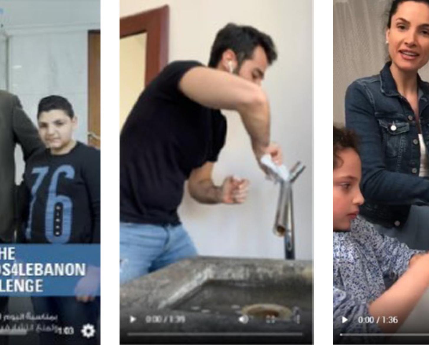 Capturas de pantalla de tres vídeos en los que aparecen personas con influencia en sus comunidades en redes sociales y personal de la ONU participando en el reto digital #SafeHands4Lebanon.