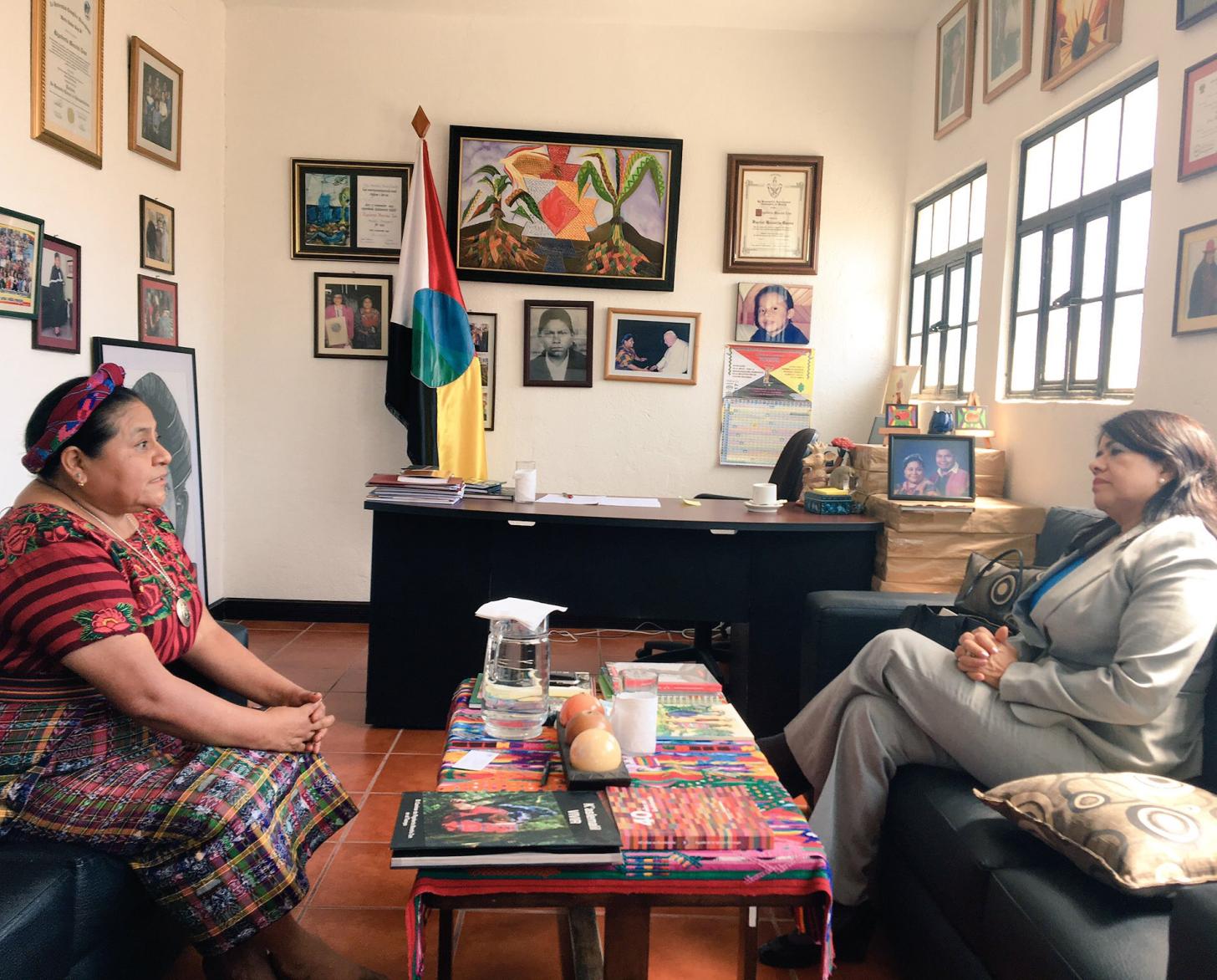 The author, Rebeca Árias, is seen here visiting Rigoberta Menchú Tum a Noble Peace Prize laureate and an advocate of the rights of indigenous people
