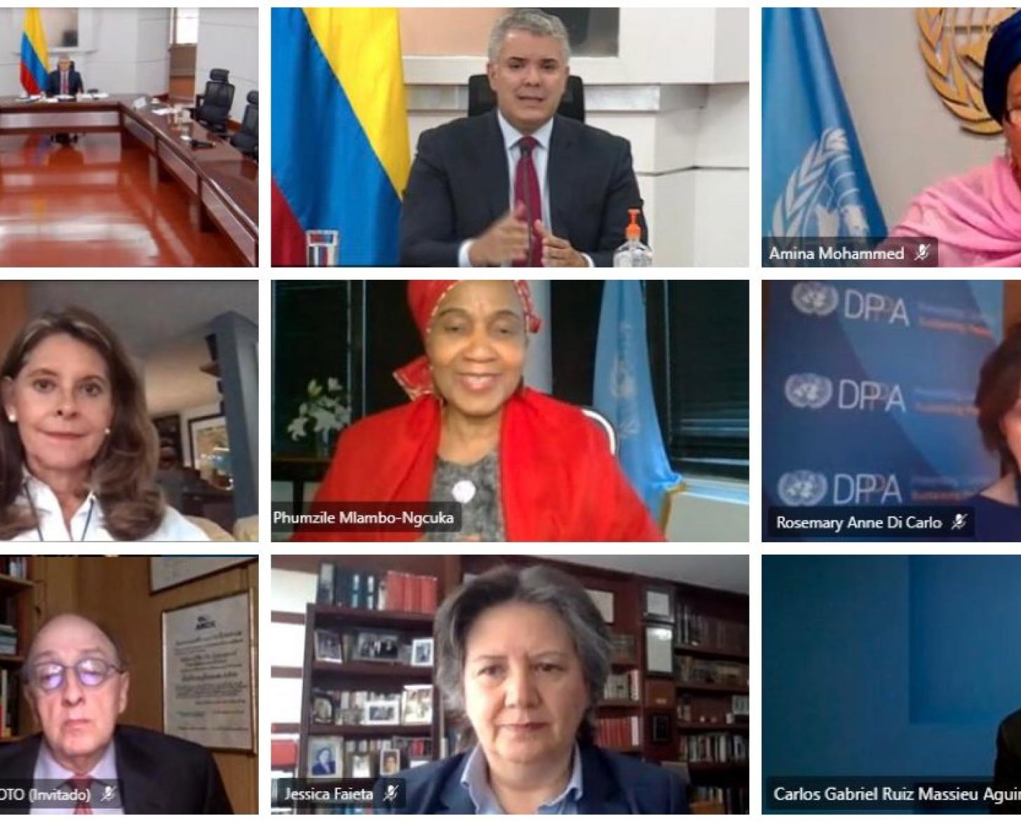  Captura de pantalla de la visita virtual de la Vicesecretaria General de las Naciones Unidas, Amina Mohammed, con representantes, personal de la ONU y asociados de Colombia. Amina Mohammed y colegas mantuvieron un gran diálogo con el presidente de Colombia, Iván Duque Márquez.