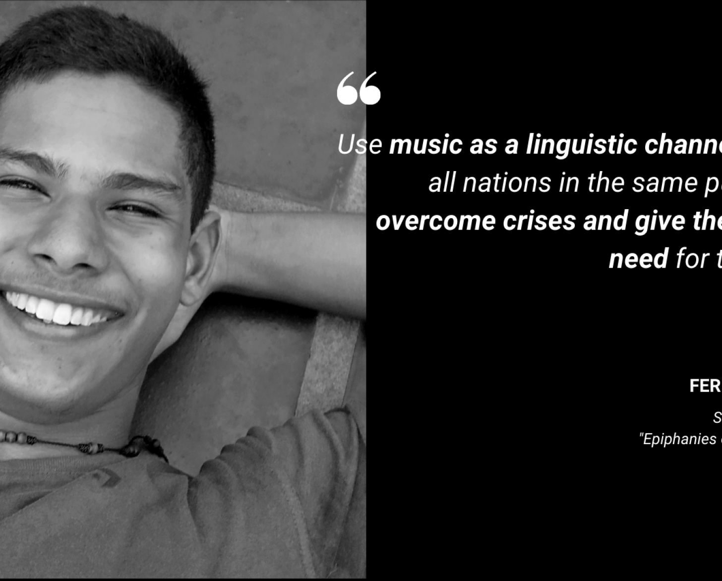 A quote card shows the winning composer, Second place Fernando Rivas with "Epiphanies of the Cataclysm" on the left of a quote. 