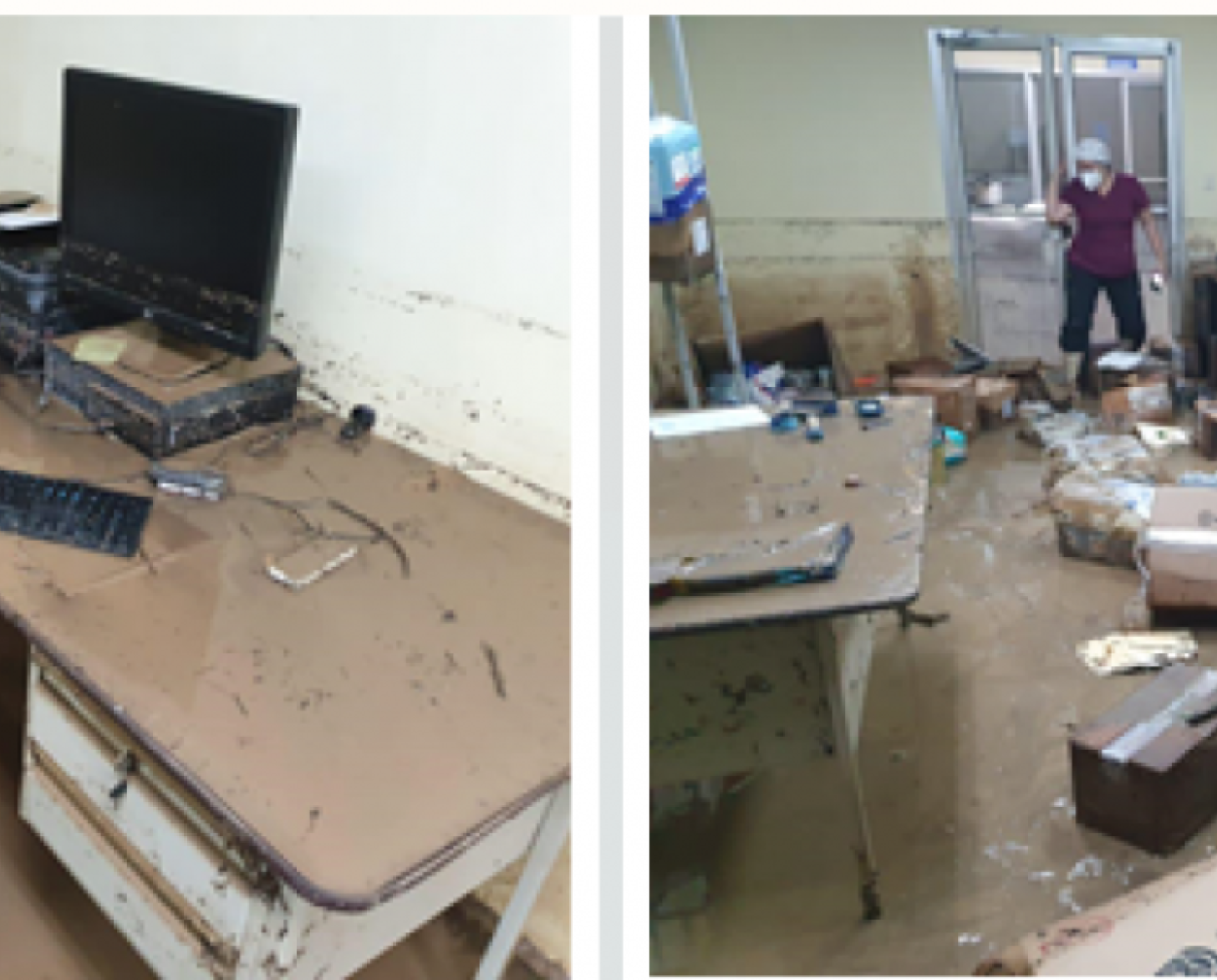 Vista lateral de una oficina devastada e inundada que muestra los equipos y el mobiliario dañados.