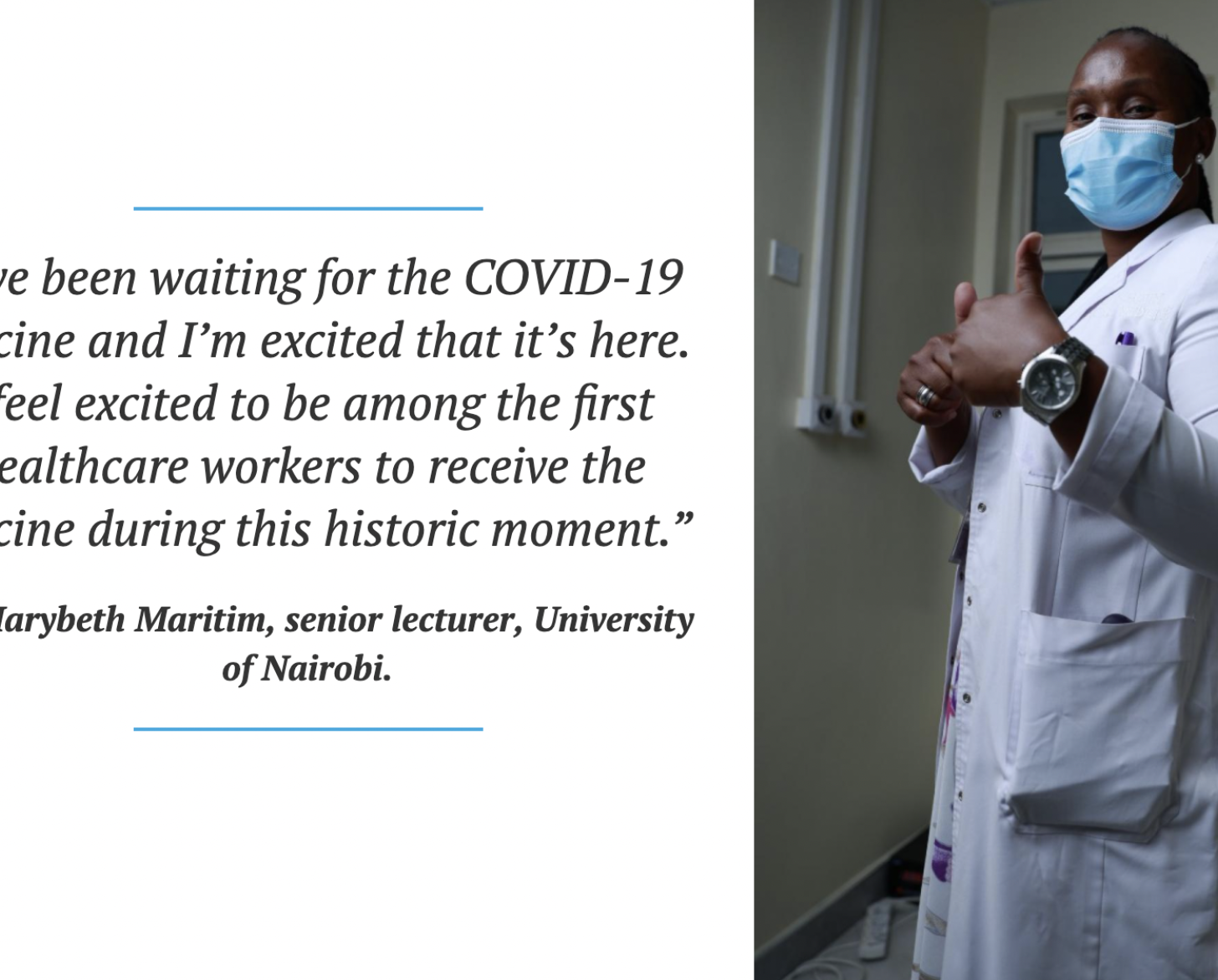 A woman in a white lab coat and blue surgical mask gives the camera thumbs up.