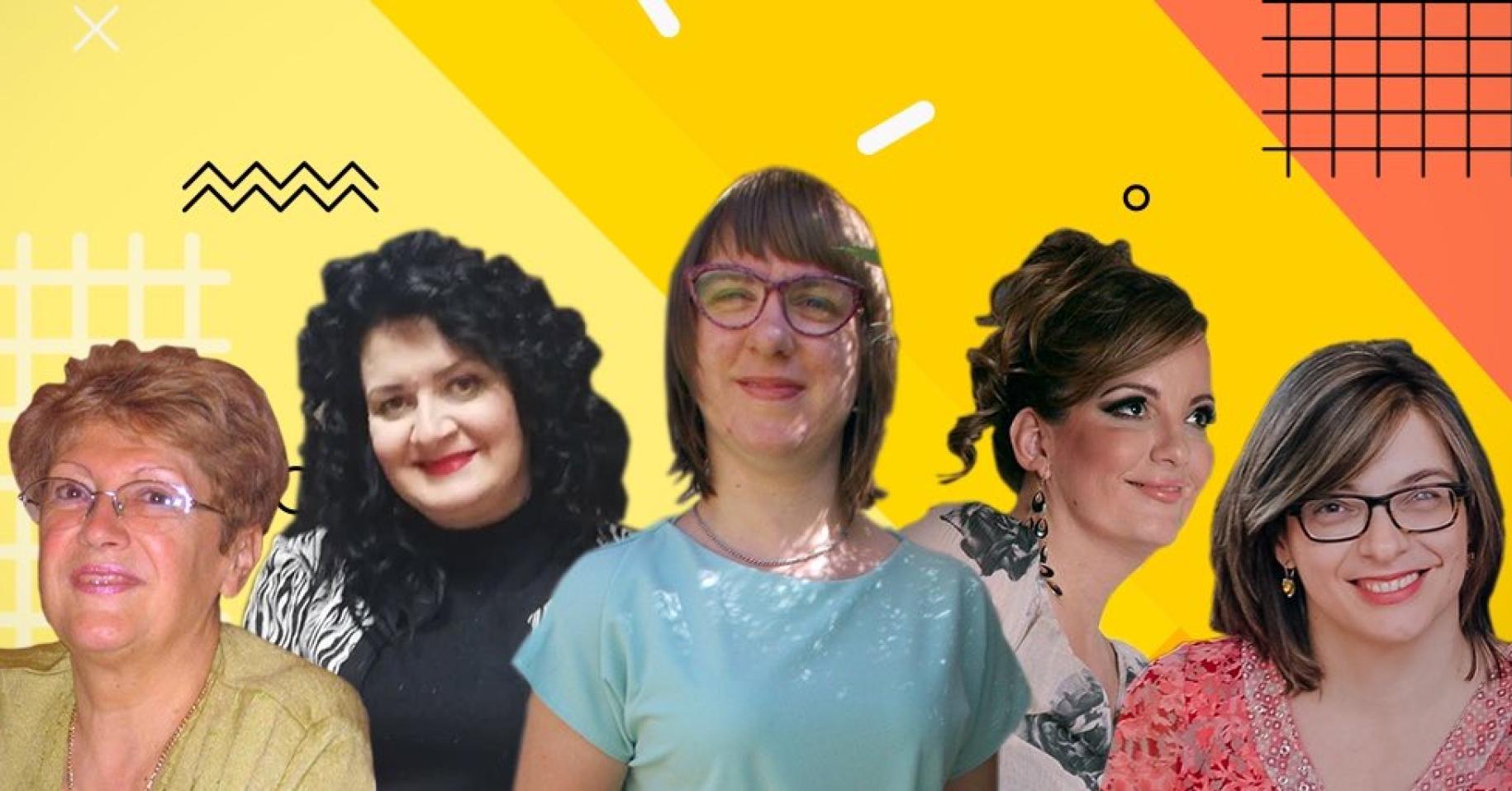 صورة لخمس نساء من ذوات الإعاقة أمام خلفية ملونة.