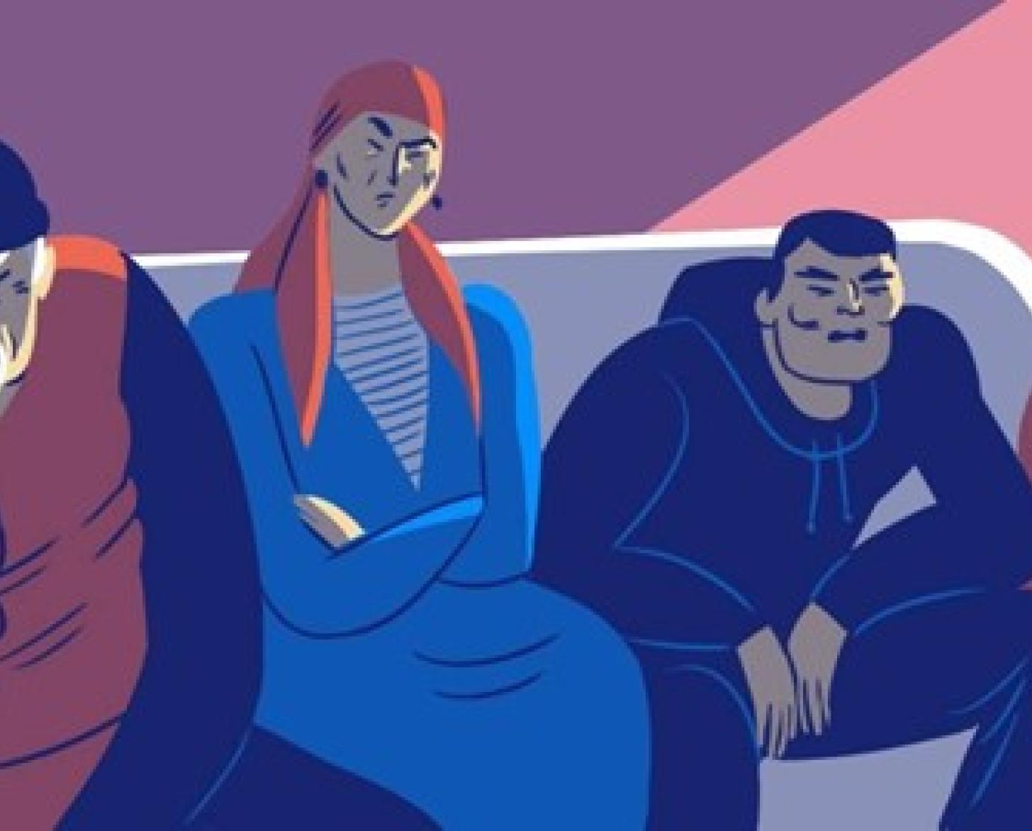 Иллюстрация: четверо человек сидят на диване и зло смотрят на читателя 