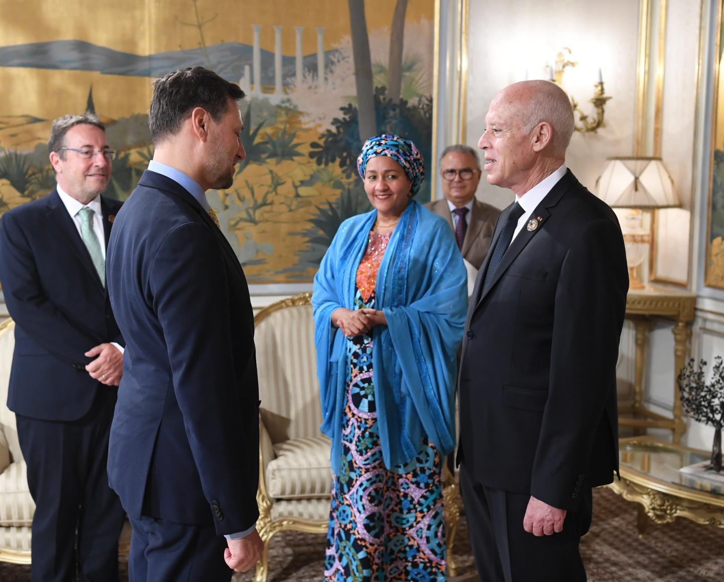 The United Nations Deputy Secretary-General Amina J. Mohammed, alongside UNDP Administrator Achim Steiner met with President of Tunisia Kais Saied on the margins of the eighth edition of the Tokyo International Conference on African Development (TICAD 8) held in Tunis, Tunisia, on 27 and 28 August 2022.