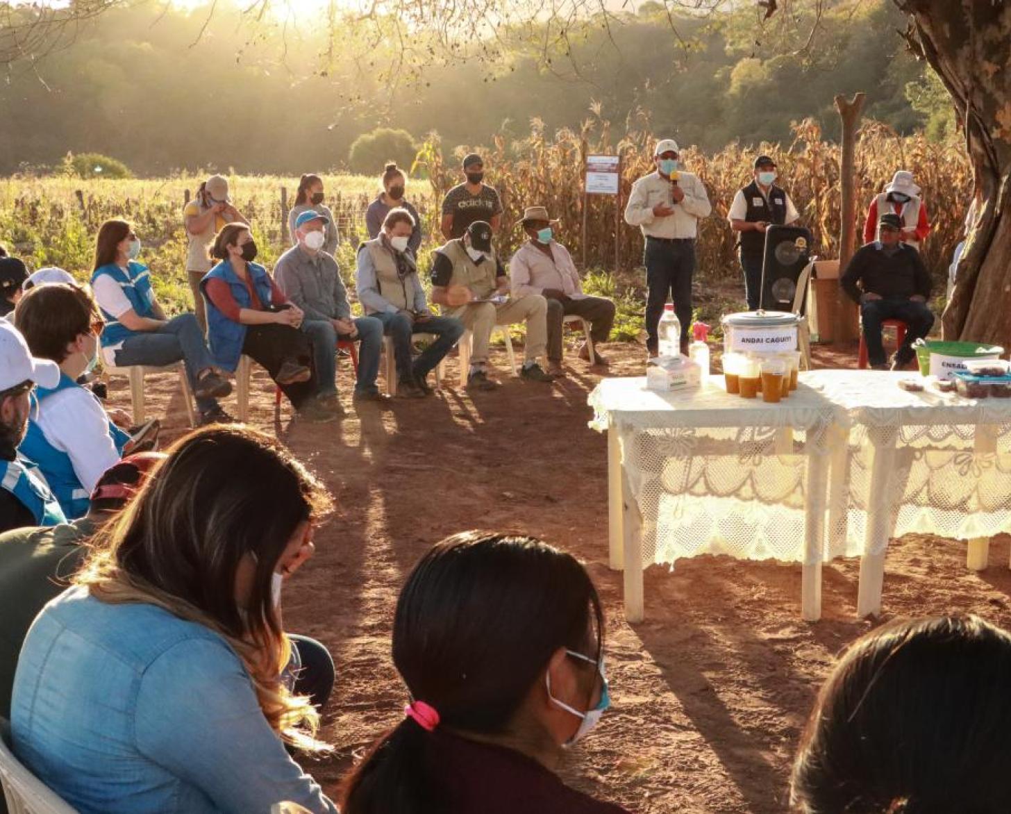 group of people sitting in a circle on chairs outside as the sun sets