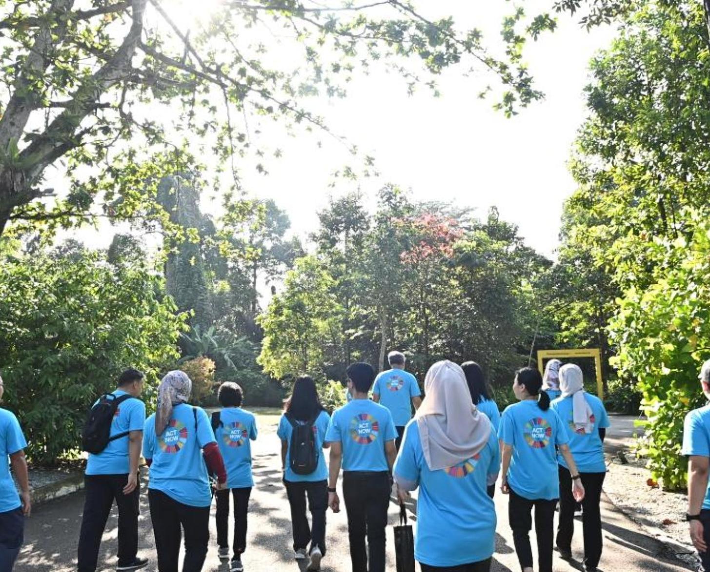 group of people in blue t-shirts walking with their backs turned towards trees