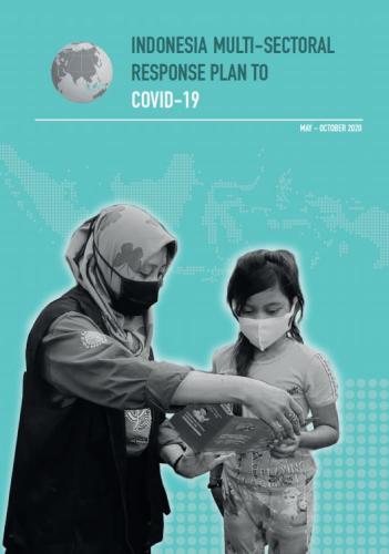 Cover of publication shows a woman showing a pamphlet to a girl with the publication tile: Cover of Indonesia Multi-Sectional Response Plan to COVID-19