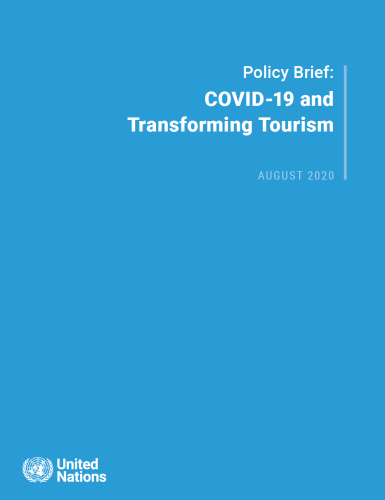 Cover shows the title "Policy Brief: COVID-19 and Transforming Tourism" against a solid blue background with the UN emblem on the lower left side.
