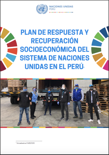 The cover shows a team of UN personnel social distancing and wearing face masks while standing in front of an truck and unloading area. The title is above with two half SDG wheels at either side facing the edges.