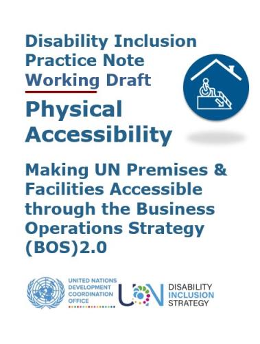 The image shows the cover of the Practice Note, an icon of Physical Accessibility, a logo of UNSDG, and UNDIS.