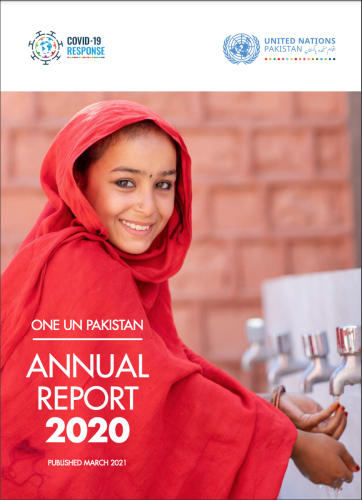 The cover shows the UNCT and COVID response logos against a white background above a photo of a young girl smiling sweetly at the camera as she washes her hands. The title of the report is in white over the image of the girl.