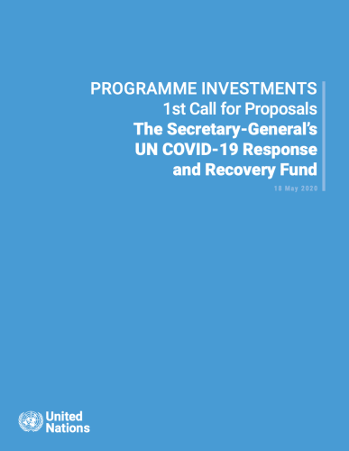 A blue cover with the words: PROGRAMME INVESTMENTS 1st Call for Proposals The Secretary-General’s UN COVID-19 Response and Recovery Fund