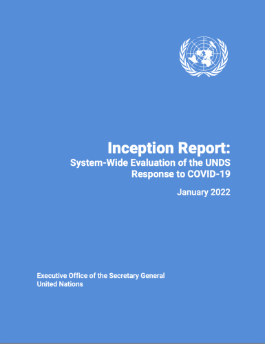 A blue cover with the United Nations and the title: Inception Report: System-Wide Evaluation of the UNDS Response to COVID-19 in English
