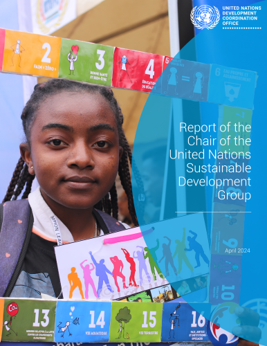 A girl in a school uniform holds up a frame with the colours and icons of the SDGs. On the right is a blue panel with the title of the report