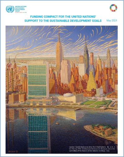A graphic painting of the UN waterfront in New York and the title of the document "Funding Compact" displayed above it.