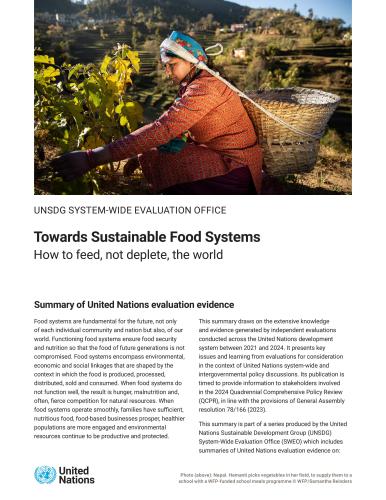 A cover page of a publication on food systems that carries a photo of a woman farmer with a basket on her back and columns of text below it.