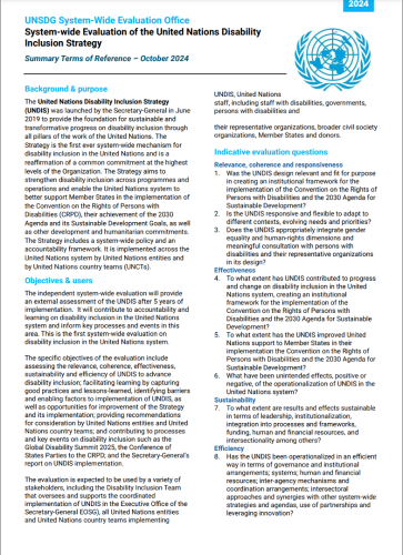 A cover page with text and the UN logo covering the terms of reference of the evaluation of the UN disability inclusion strategy