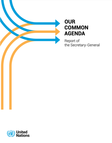 A cover of a UN publication with three arrows, two light blue and one yellow in the middle.