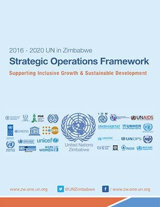 Portada del documento en fondo azul claro, con todos los logos de las entidades de la ONU que operan en Zimbabwe para el periodo de 2016-2020.
