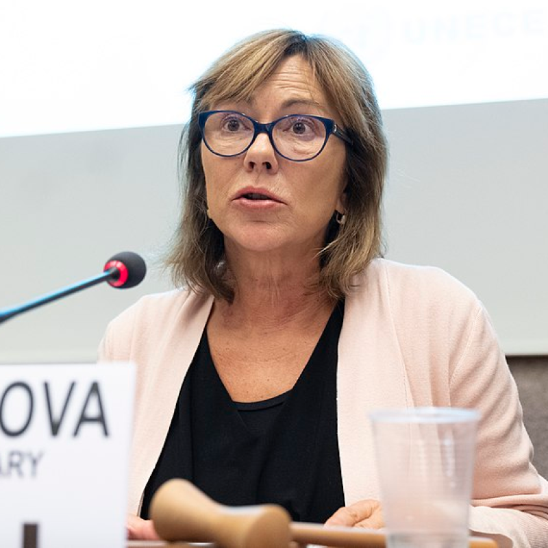 امرأة ترتدي سترة وردية اللون تتحدث أمام ميكروفون.